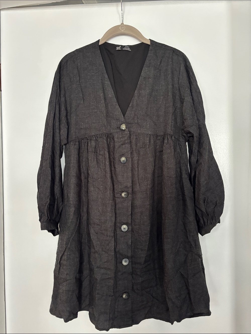Zara Black Button-Front Long Sleeve Linen-Blend Dress